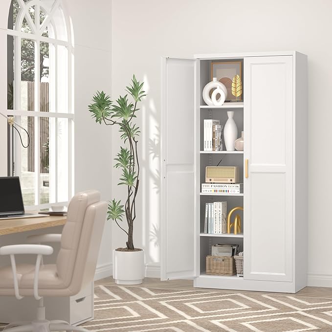 71" Kitchen Pantry Cabinet, Pantry Storage Cabinet with Doors and 4 Shelves, Metal Storage Cabinets for Kitchens, Living Room, Dinning Room, Assembly Required, White