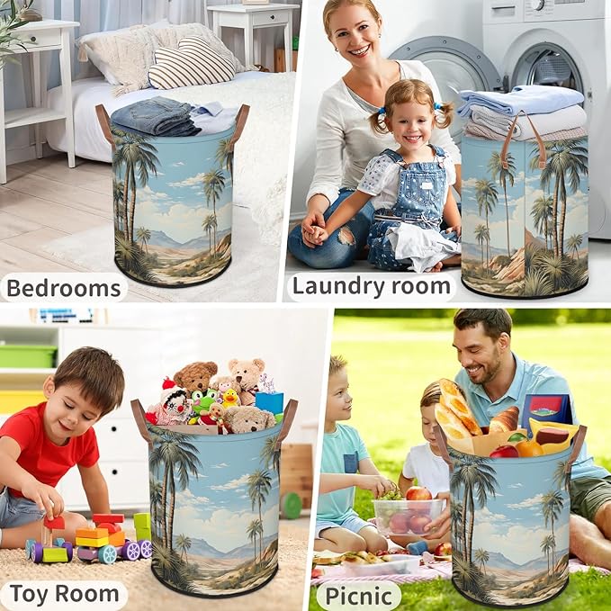 62L Coconut Tree Laundry Basket for Clothes Books Toys Adult Kids Rotundity Laundry Hampers Bin for Bathroom Kitchen Hotel