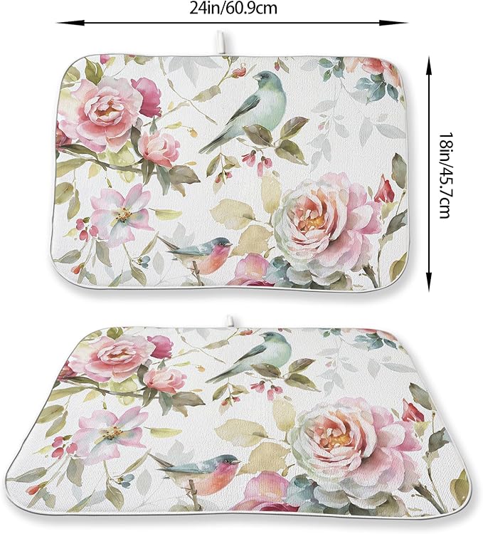 Floral Dish Drying Mat 18x24 Inch Watercolor Flower Bird Drying Mat Spring Summer Seasonal Absorbent Dish Drying Pad Dish Rack Drainer Mats for Kitchen Dining Counter
