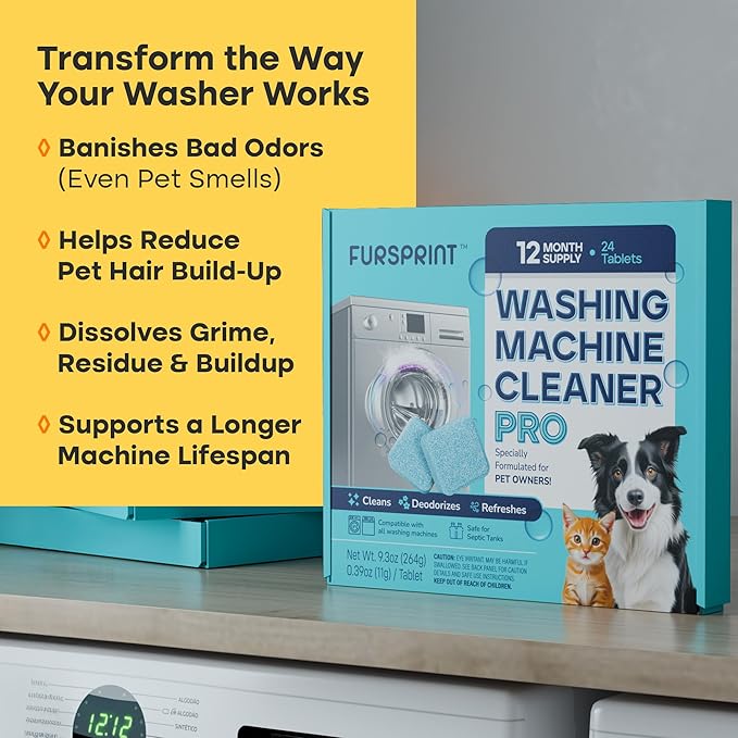 Fursprint Washing Machine Cleaner Tablets - 24 Pack for a 12 Month Supply. Formulated for Pet Owners. Compatible with HE, Top & Front Load. Easily Removes Residue, Grime. Value Brand by Uproot Clean