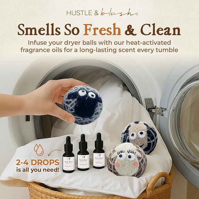 Hustle & Blush Fluff Ewes Wool Dryer Balls 3 Pack - Extra Large Darks Premium Hand Needled New Zealand Laundry Set, Reduces Drying Time, Static Control, Chemical Free Reusable for Essential Oils