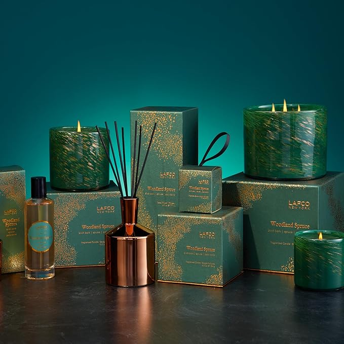 LAFCO New York Holiday 3-Wick Candle, Woodland Spruce - 30 oz - 120-Hour Burn Time - Reusable, Hand Blown Glass Vessel - Made in The USA