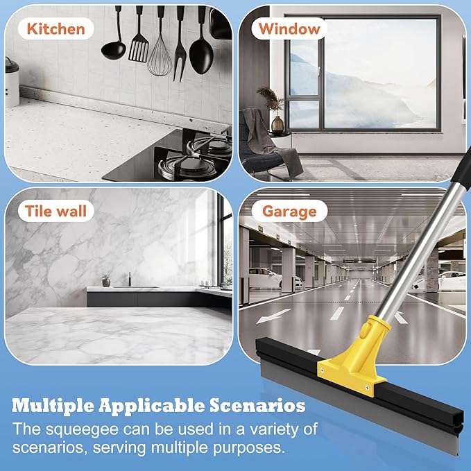Elapun Large Heavy-Duty Floor Squeegee, 18” Rubber Blade Broom & 62” Long Handle Floor Squeegee for Concrete, Bathroom Tile, Garage Concrete, Deck, Shower Glass, Window Cleaning