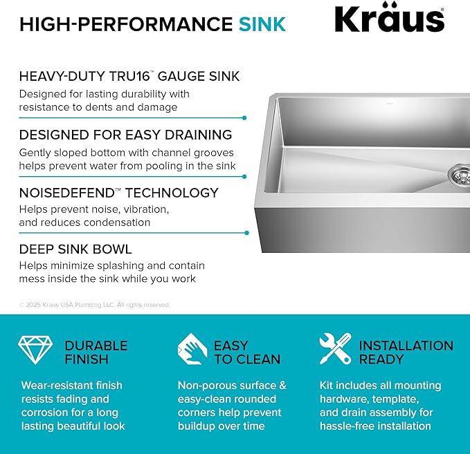 KRAUS Standart Pro 33-Inch Flat Apron Front Farmhouse 16-Gauge Single Bowl Stainless Steel Kitchen Sink, KHF410-33