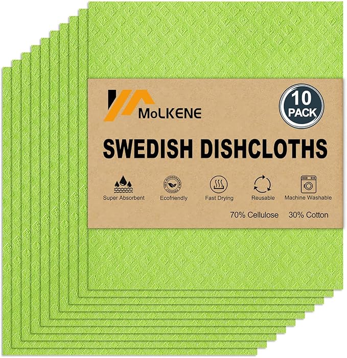 MoLKENE Swedish Dishcloths for Kitchen | 10 Pack Absorbent Cellulose Sponge Cloths Washable | Non-Scratch Reusable Paper Towels Quick Drying Cleaning Rag - Lime Green