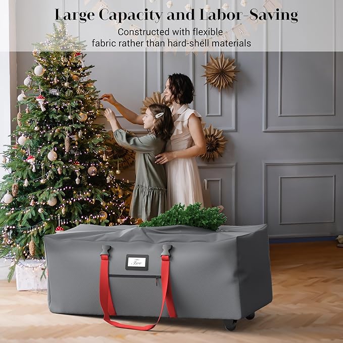 Rolling Christmas Tree Storage Bag for 9 ft Artificial Tree, 600D Waterproof Oxford Fabric, Large Christmas Tree Bag with Dual Zipper, Wheels, Handles, Heavy Duty Xmas Storage Container - Gray