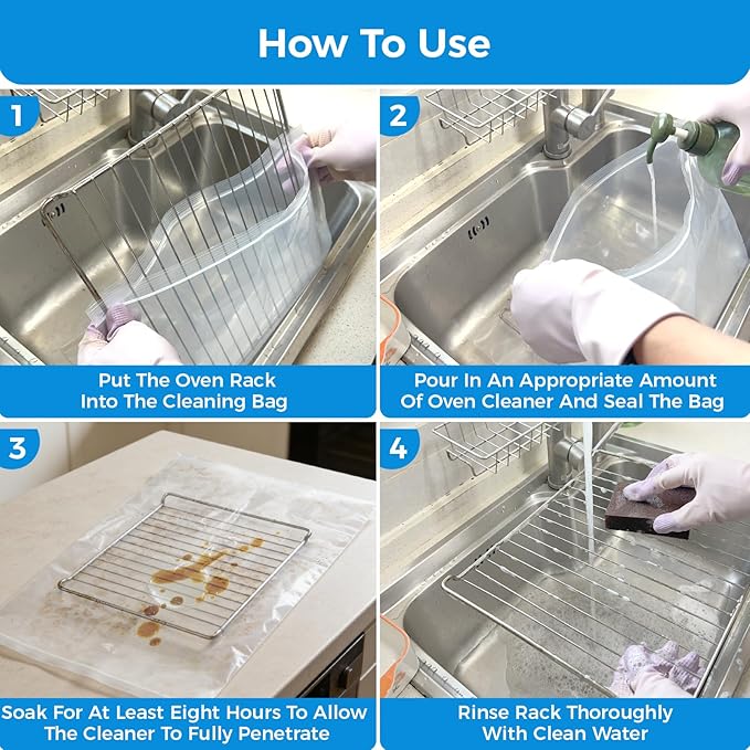 KYRGEU 4 Pack Oven Grill Cleaning Bags（15.7''X23.7'', Heavy Duty Oven Rack Cleaner Bags - No Messy Hands Reusable Soak-off Cleaning Kit for Grate & Grill Rack,No Cleaner Included