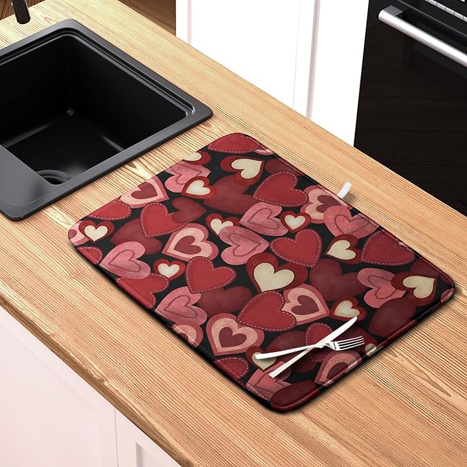 Kwlegh Valentine Dish Drying Mat for Kitchen Counter Red Black Love Heart Drying Pad Microfiber Absorbent Coffee Bar Mat Heat Resistant Countertop Protector Dishes Drainer Mat 16x18 Inch