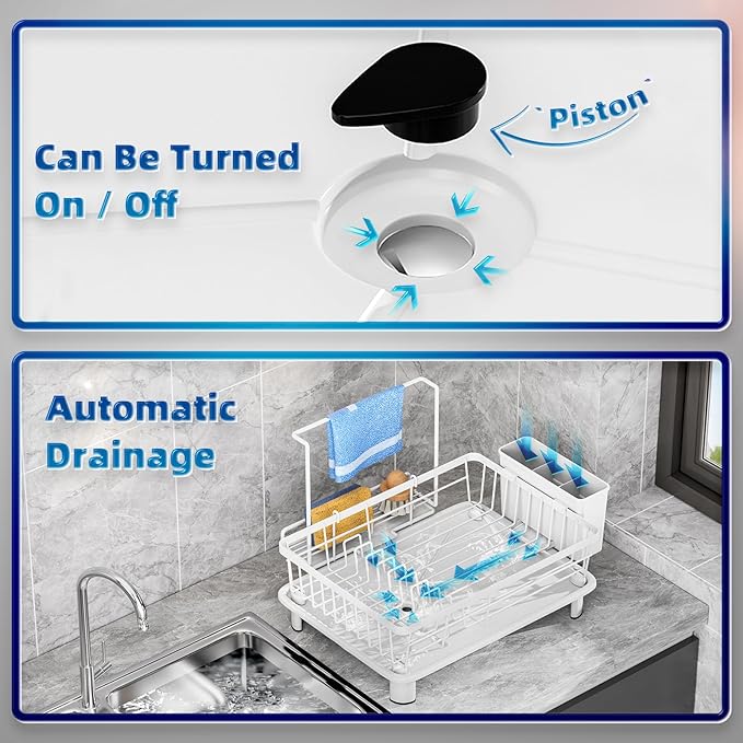 GAOKASE Compact Dish Drying Rack, Dish Drainers for Kitchen Counter with Sponge Rack, Kitchen Drying Rack with Drainboard, Utensil Holder and Automatic Drainage Drainboard, White