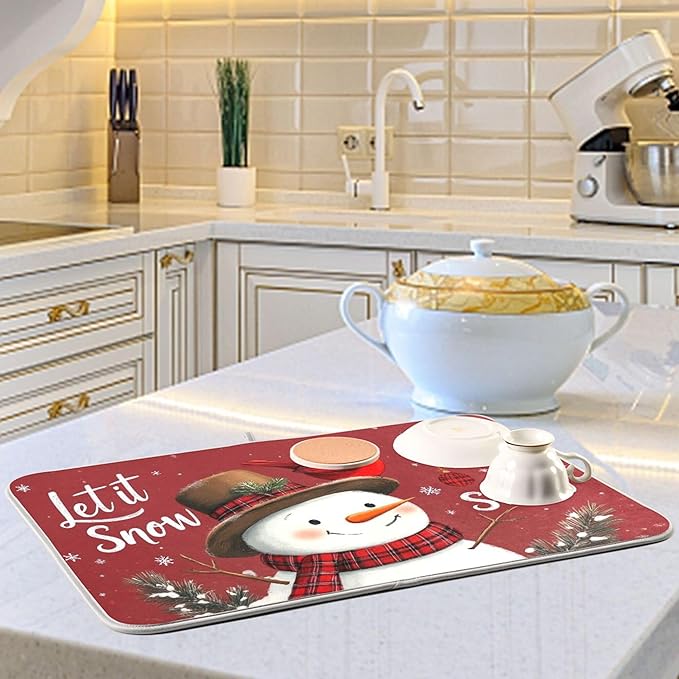 Winter Snowman Let it Snow Dish Drying Mat for Kitchen Countertop 18x24 Christmas Red Birds Snowflake Xmas Large Drying Mat Reusable Quick Dry Dish Sink Mats Easy Clean Decorative Essentials