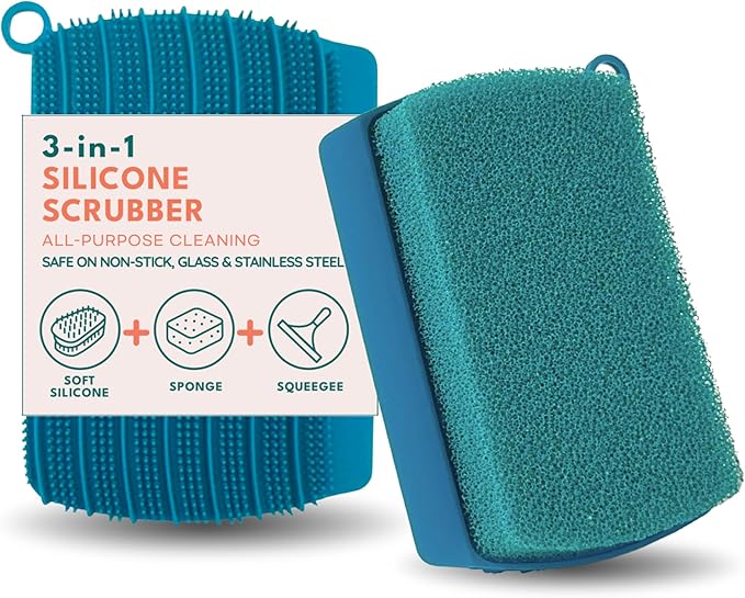 Flickly 3-in-1 Car Wash Sponge with Silicone Scrubber & Squeegee – All-in-One, Non-Scratch, Quick-Dry, Built to Last (Teal)