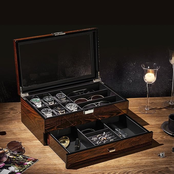 BEWISHOME Men’s Jewelry Box Organizer with Watch Box, 6-Slot Watch Box & Sunglasses Organizer with Drawer, PU Leather Interior, Solid Wooden Watch Case Display with Large Clear Glass Lid, Gift Idea