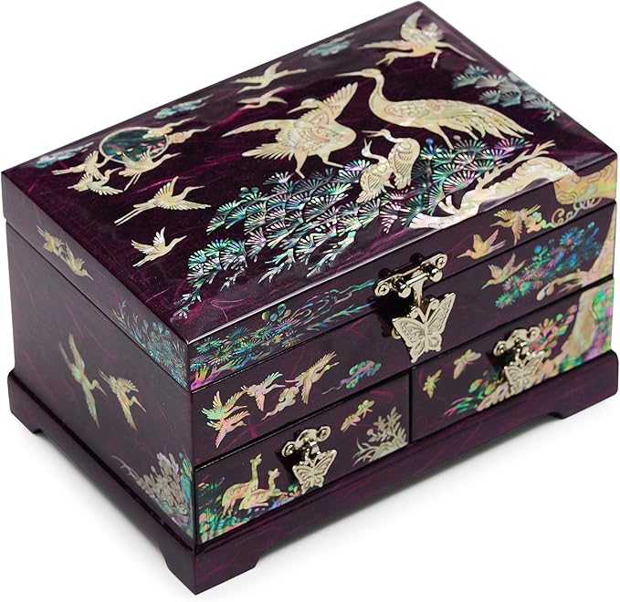 MADDesign Mother of Pearl Lacquered Jewelry Box Two Level Cranes (Purple)