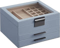 SONGMICS Jewelry Box Organizer with Glass Lid, 3-Layer Jewelry Storage, with 2 Drawers, Modern Style, 8 x 9.1 x 5.3 Inches, Smoky Blue and Silver UJBC239BU