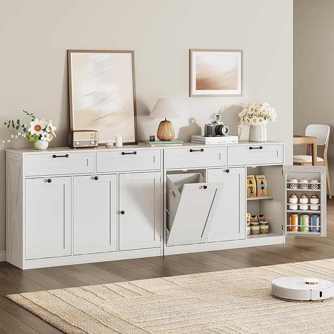 Double Tilt Out Laundry Hamper Cabinet, 43.3" Laundry Storage Cabinet with 2 Removable Baskets, Farmhouse Wooden Hidden Trash Bin Cabinet with Open Shelving, for Bathroom, White