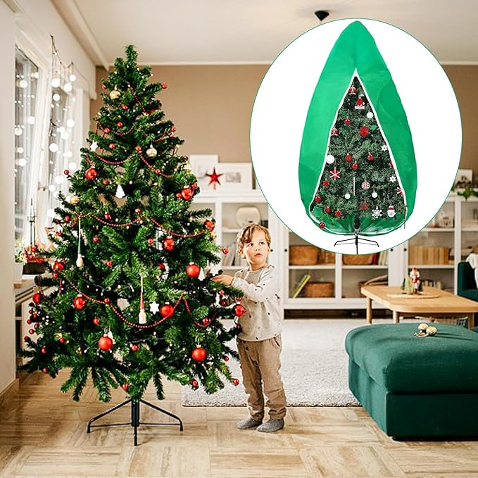 Upright Christmas Tree Storage Bag, Tapered Christmas Tree Cover for 9 FT Artificial Tree Standing with Ornaments, Tear Resistant Holiday Assembled Xmas Tree Bag with Zipper and Drawstring (Green)