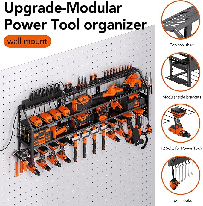 YFFSRJDJ Extra Large Power Tool Organizer Wall Mount with Charging Station, 12 Drill Holders Heavy Duty with 8-Outlet Power Strip, Garage Cordless Drill Storage and Organization, Battery Utility Rack