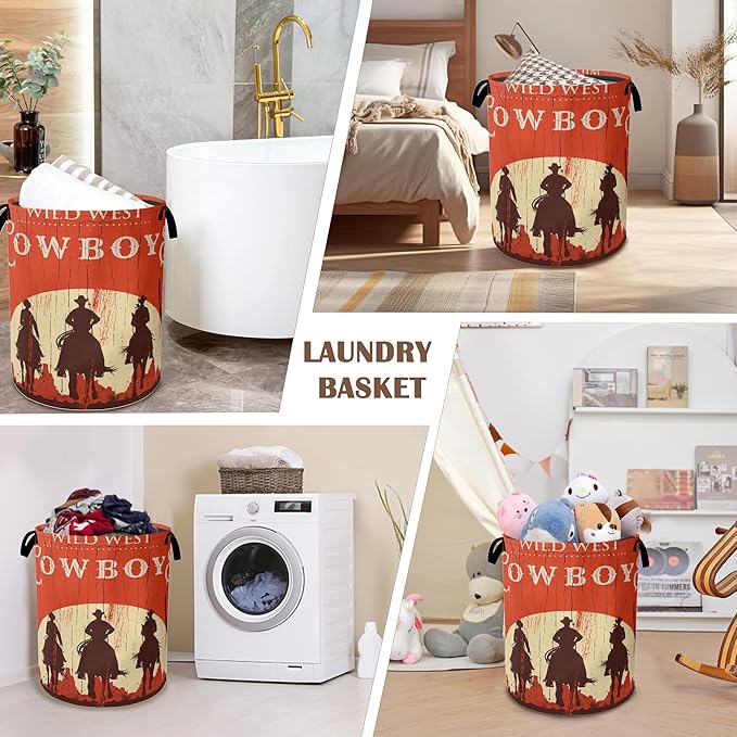 Western Cowboy Collapsible Laundry Baskets,Laundry Hamper,Storage Basket with Handles for Bathroom Bedroom College Dormitory Living Room Nursery Organizer 16"x20"