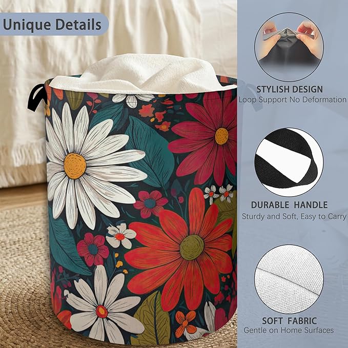 Retro Red Daisy Flowers Laundry Hamper,Dirty Clothes Laundry Basket with Handles Waterproof Oxford Cloth Storage Basket for College Dorms Bathroom Bedroom 16" x 20.8"