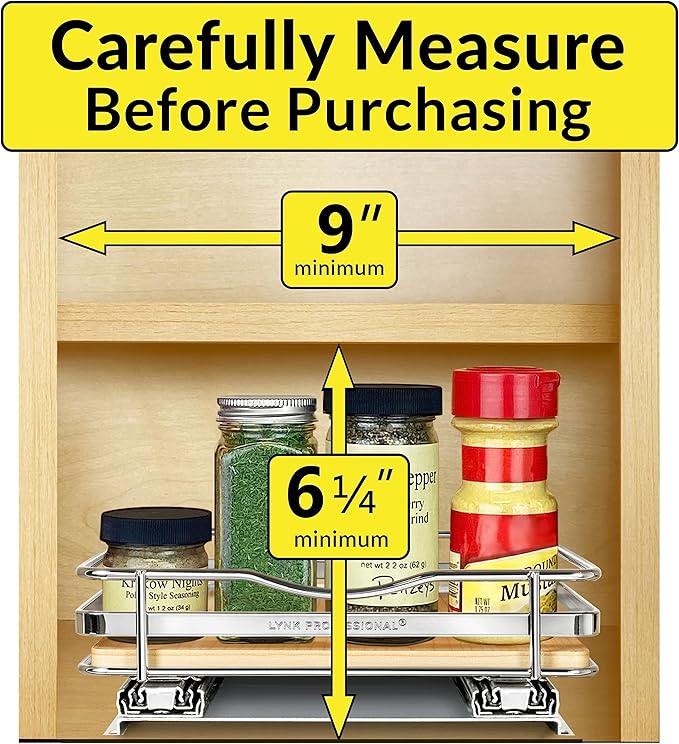 LYNK PROFESSIONAL® Élite™ Pull Out Spice Rack Organizer for Inside Kitchen Cabinets - 8-3/8 inch Wide - Slide Out Drawer – Wood/Chrome Sliding Spice Cabinet Organization Shelf Racks - 1 Tier