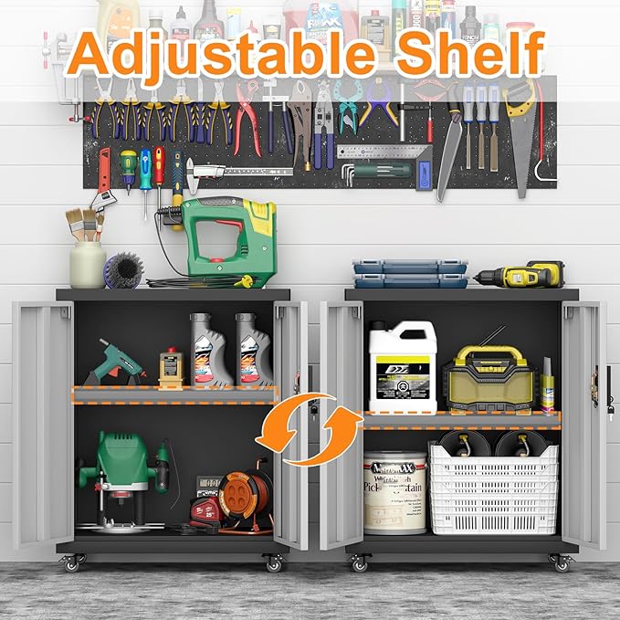 31.5''H Metal Storage Cabinet with Wheels, Garage Tool Storage Cabinets with Lock, Lockable Steel Rolling Tool Chest with Doors & Adjustable Shelves for Garage, Home, Office