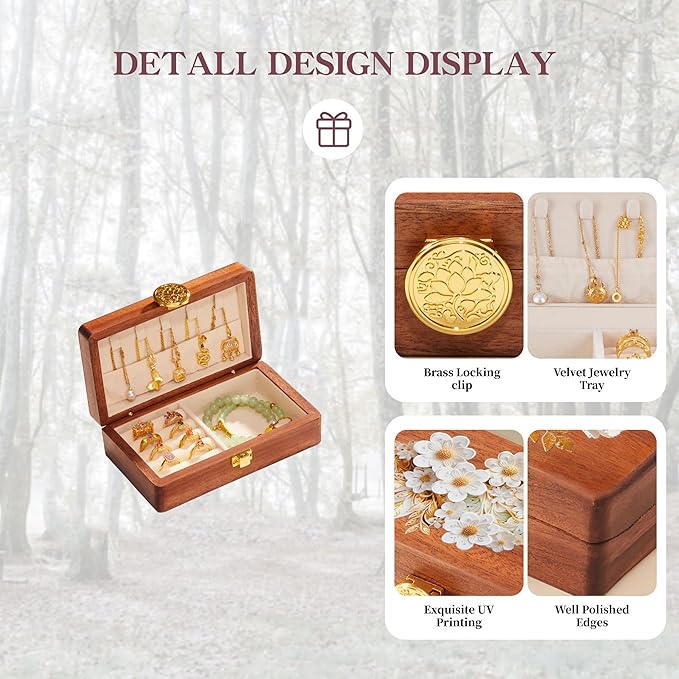 Travel Jewelry Case Small Wood Jewelry Organizer Jewelry Box for Women (Nut-Brown Print B)