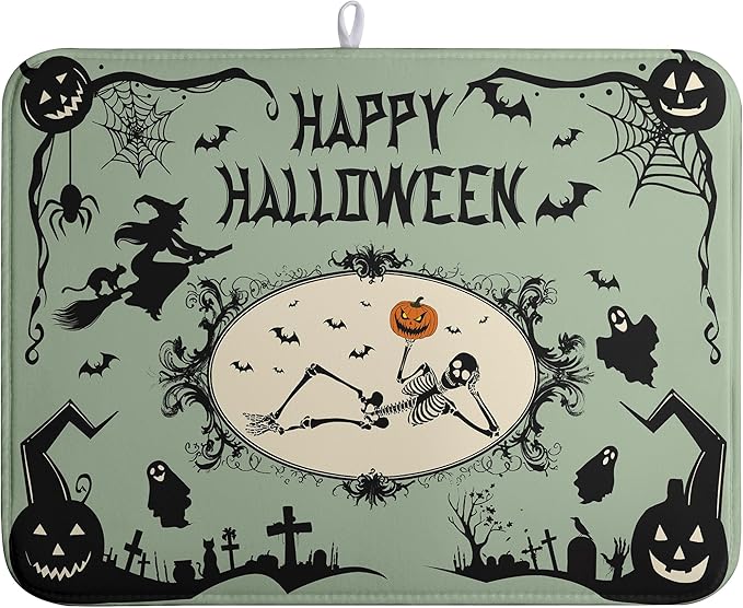 Wnoesat Happy Halloween Dish Drying Mat for Kitchen Counter 18x24 Skull Pumpkin Witch Spider Web Bat Ghost Drying Mats Green Black Absorbent Microfiber Dish Drainer Rack Pad for Coffee Bar