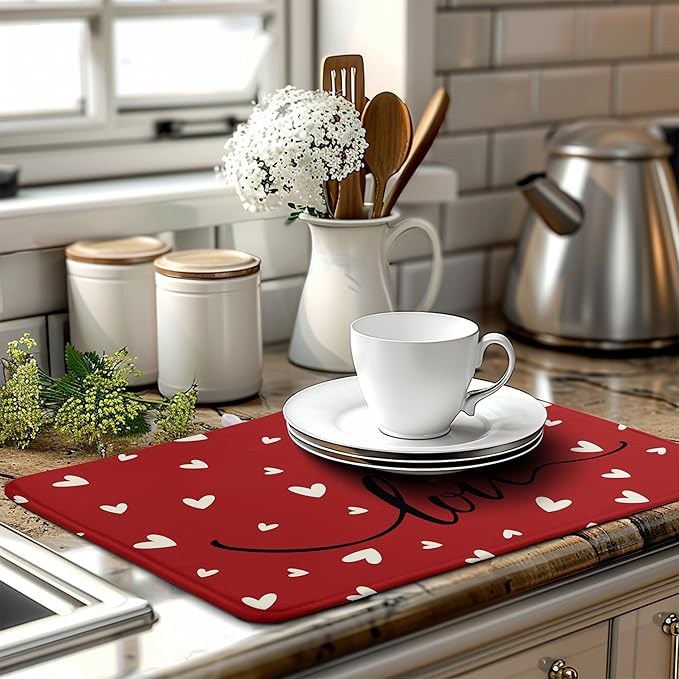 Wnoesat Valentines Day Dish Drying Mat 18x24 Inch Valentine Red Love Heart Drying Mats for Kitchen Counter Super Absorbent Microfiber Large Dish Drying Pad Heat Resistant Dish Draining Rack Mat