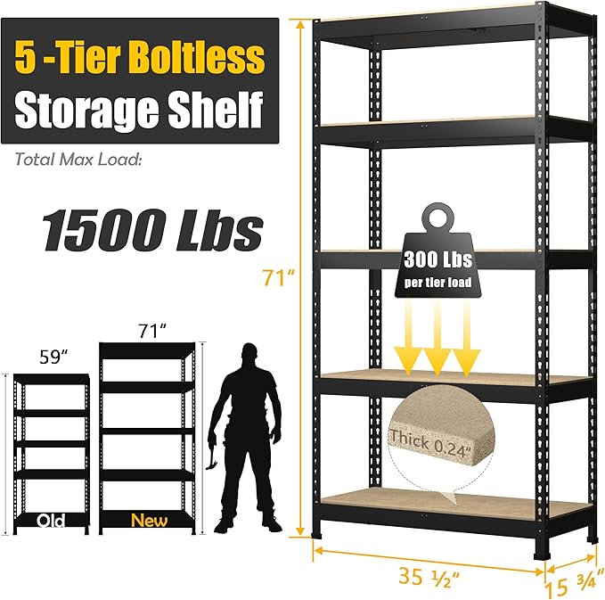 PrimeZone Storage Shelves 3 Packs 5 Tier Adjustable Garage Storage Shelving, Heavy Duty Metal Storage Utility Rack Shelf Unit for Warehouse Pantry Closet Kitchen, 35.5" x 15.75" x 71", Black
