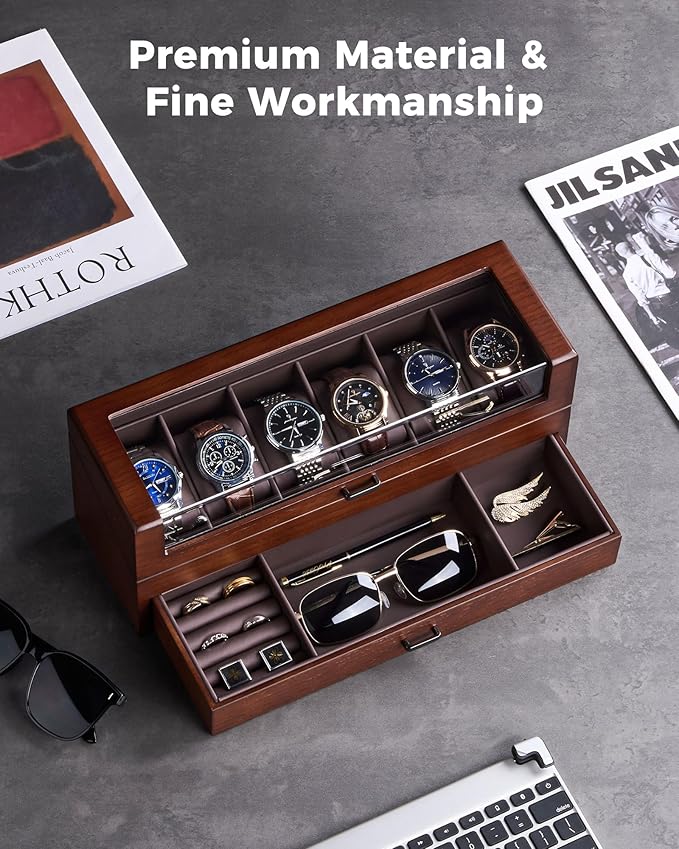 ProCase Wooden Watch Box for Men, Wood Watch Display Case Men's Jewelry Organizer Box with Drawer -6 Slot, Walnut