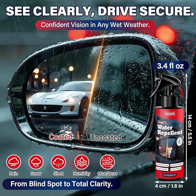 SHIELDOM Water Repellent Spray Car Windshield Rain Repellent Exterior Glass Treatment Waterproof Hydrophobic Coating for Clear Vision on Automotive Glass, Windows, Mirrors, Helmets 100ml/3.4fl oz