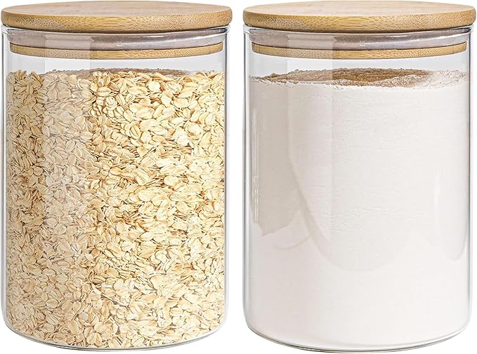 EQEY Glass Storage Jars Set Elegant Containers with Airtight Bamboo Lids, Perfect for Kitchen Organization - Flour, Rice, Pasta, Sugar, Coffee Beans, Accessories Included (2 packs(111oz))