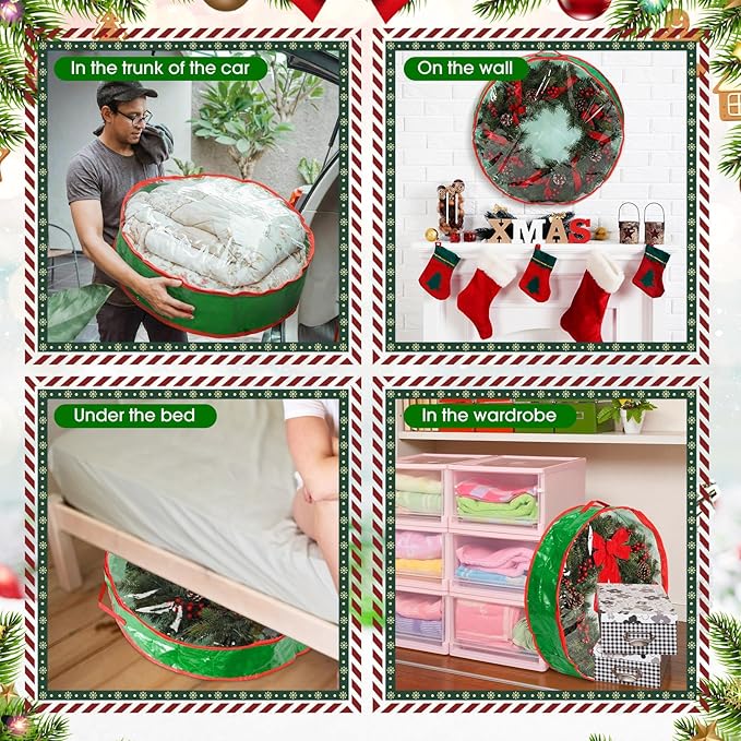 Aliceset 4 Pack Wreath Storage Containers, Christmas Ornament Garland Wreath Storage Bags with Handle Dual Zipper Large Decorative Storages Box for Winter Wreaths(30 x 30 x 7.8 Inch,Light Green)