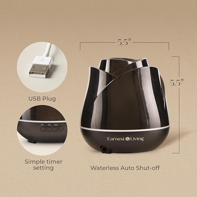 Earnest Living Rose Essential Oil Diffuser 150ml – Mini Ultrasonic Aromatherapy Humidifier for Bedroom & Desk, Quiet Mist, USB Powered, 7-Color Night Light, BPA for Women, Solid Black
