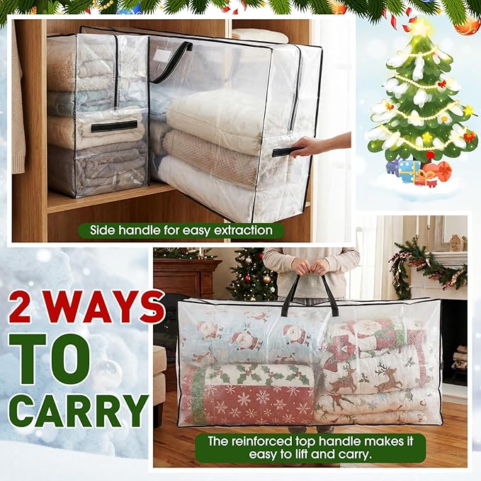4 Pack Extra Large Christmas Tree Storage Bag 9 ft Artificial Tree, 126gallon Heavy Duty Moving Bag 65" Waterproof Clear Oversized Box with Handle Label Pocket for Camping College (Black)