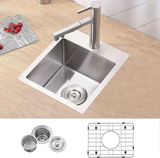 VCCUCINE Drop in Bar Sink, 15x15 Inch Topmount RV Small Kitchen Sink, Handmade Stainless Steel Wet Bar Sink, Outdoor Single Bowl, Brushed Nickel Prep Sink with Accessories