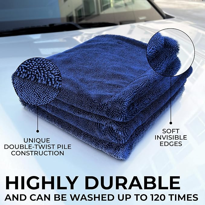 WEST BROS Large Car Drying Towel, 1300 GSM Professional Car Towel with Double Twisted Loop,Super Absorbent Large Microfiber Drying Towels for Cars, Trucks, SUVs - 20"x26", Navy