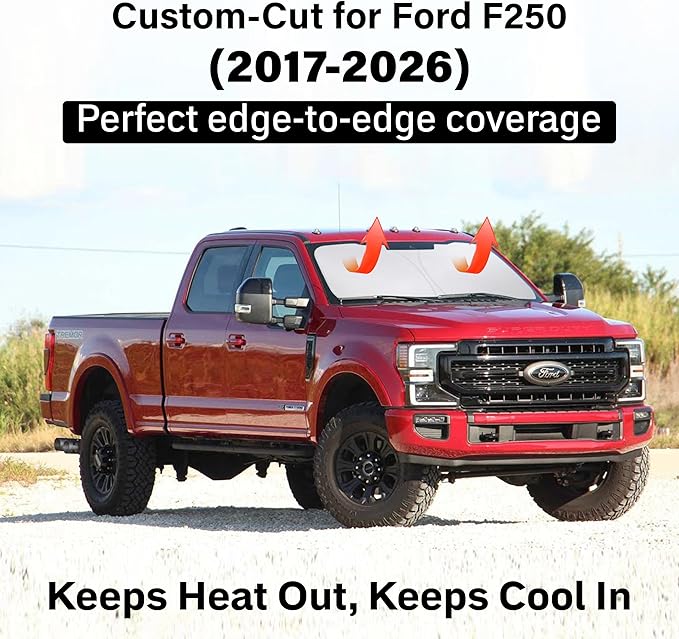 EcoNour Windshield Sun Shade Compatible for Ford F250 2017–2026 | Heavy-Duty Pickup Front Window Sun Visor Shield | Foldable 4-Layer Sunshade | Blocks UV Rays & Reduces Interior Heat