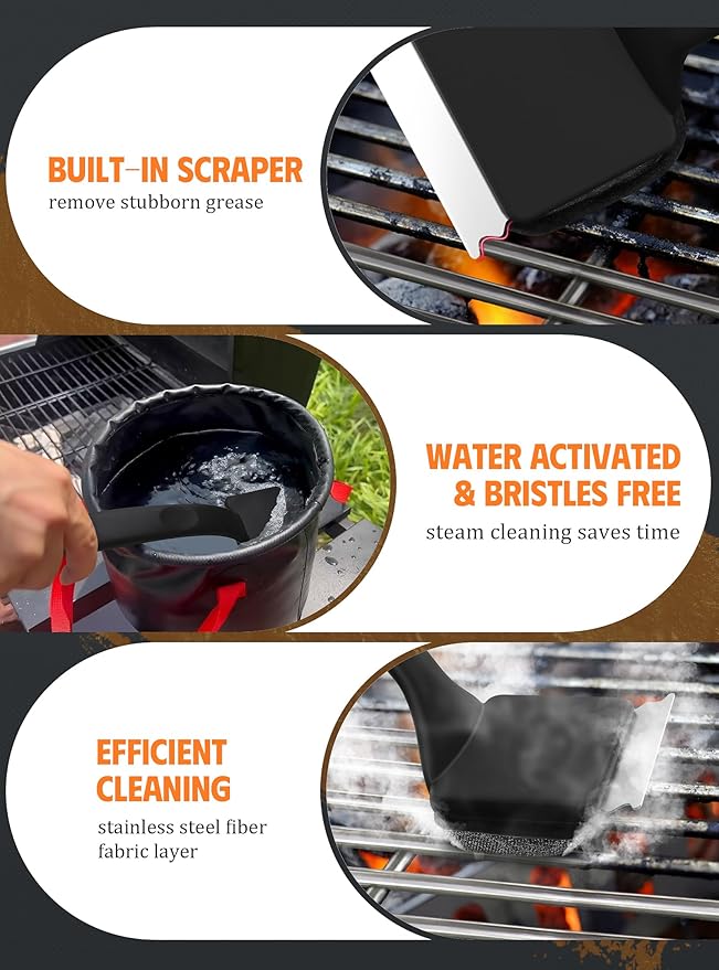 MEKER Grill Brush Bristle Free, Grill Cleaner Brush with 5 BBQ Replacement Head for Cast Iron, Stainless Steel Grates, Safe Grill Scraper Outdoor BBQ Grill, Black