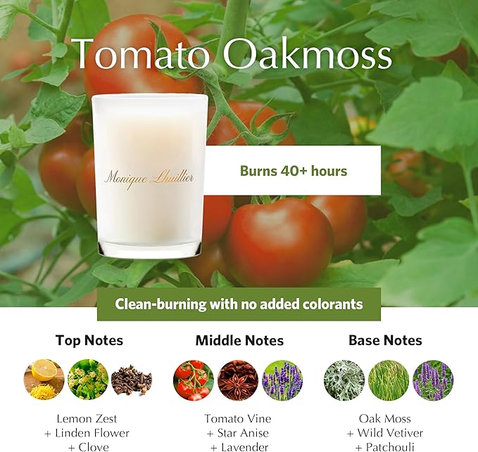 Agraria Monique Lhuillier Tomato Oakmoss Perfume Candle, 7 Oz, 40-50 Hours Flicker Time, Fresh Alluring Botanical Earthy Scented Candles for Home