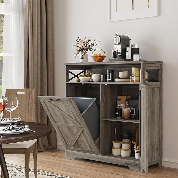 Tilt Out Trash Can Cabinet for 13 * 1 Gallon Trash Can, Farmhouse Kitchen Island Cabinet with Adjustable Shelf for Hidden Laundry Basket, Dog Proof Garbage Can for Dining Living Room, Grey