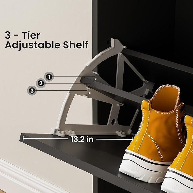 Black Shoe Storage Cabinet - Fit up to Size 16, 3 Flip Drawers, Wooden Organizer for Entryway, Closet, Living Room