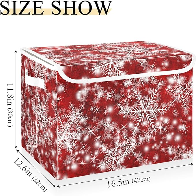 Christmas Baskets Collapsible Storage Bins with Lids, Christmas Background with Snowflakes Red Storage Boxes Clothes Baskets for Organizing
