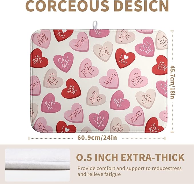 Wnoesat Valentine Love Heart Dish Drying Mat for Kitchen Counter 18x24 Inch Valentines Day Dish Mats Absorbent Microfiber Dish Draining Mat Reversible Dish Drying Rack Mat with Hanging Loop