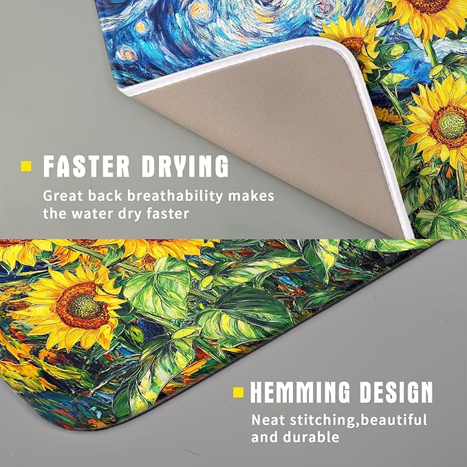 Sunflower Dish Drying Mat for Kitchen Counter 18x16 Inch Starry Night Drying Mat with Absorbent Reversible Microfiber Farmhouse Floral Dish Drainer Mats Rack Pad for Coffee Countertop Protector