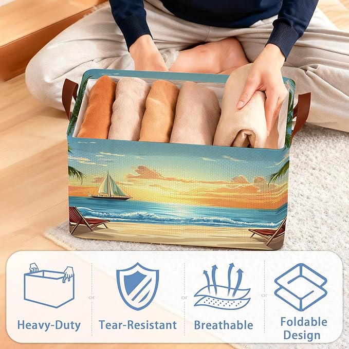 Tropical Palm Tree Storage Basket with Handles,Sunset Beach Collapsible Rectangle Organizer Bin for Room Decoration Books Box Baskets 17x11.5x10Inch