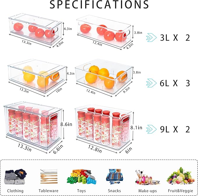 MineSign 7 pack Stackable Refrigerator Organizer Bins Pull-Out Drawers for Fruit and Veggies Storage Organizer for Fridge Clear Drawer Containers with Handle Divided Organization for Produce Saver