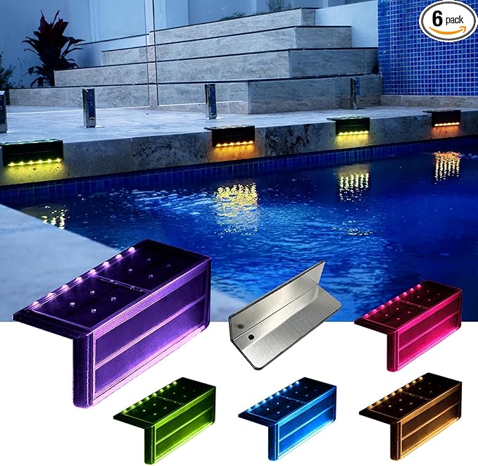 Solar Pool Lights, Color Changing Waterproof Step Lights for Outside, Heavy Duty Stainless-Steel Retaining Wall Light, Ultra-Thin & Anti-Trip 2-Way LEDs for Deck, Stairs, (RGB-W, 6Pack)