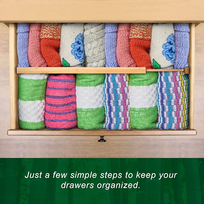 4 Pack Bamboo Kitchen Drawer Dividers 2.6" High, Adjustable from 12 Inch to 17 Inch Drawer Organizers, Expandable Drawer Separators for Clothes, Bedroom, Dresser, Office (Beige)