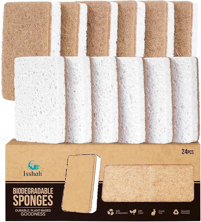 Isshah Plant-Based Kitchen Sponges - Natural, Eco-Friendly, Biodegradable Sisal Hemp Sponges for Dishes, Cleaning Sponge for Kitchen, Bathroom, Household - 24 Count